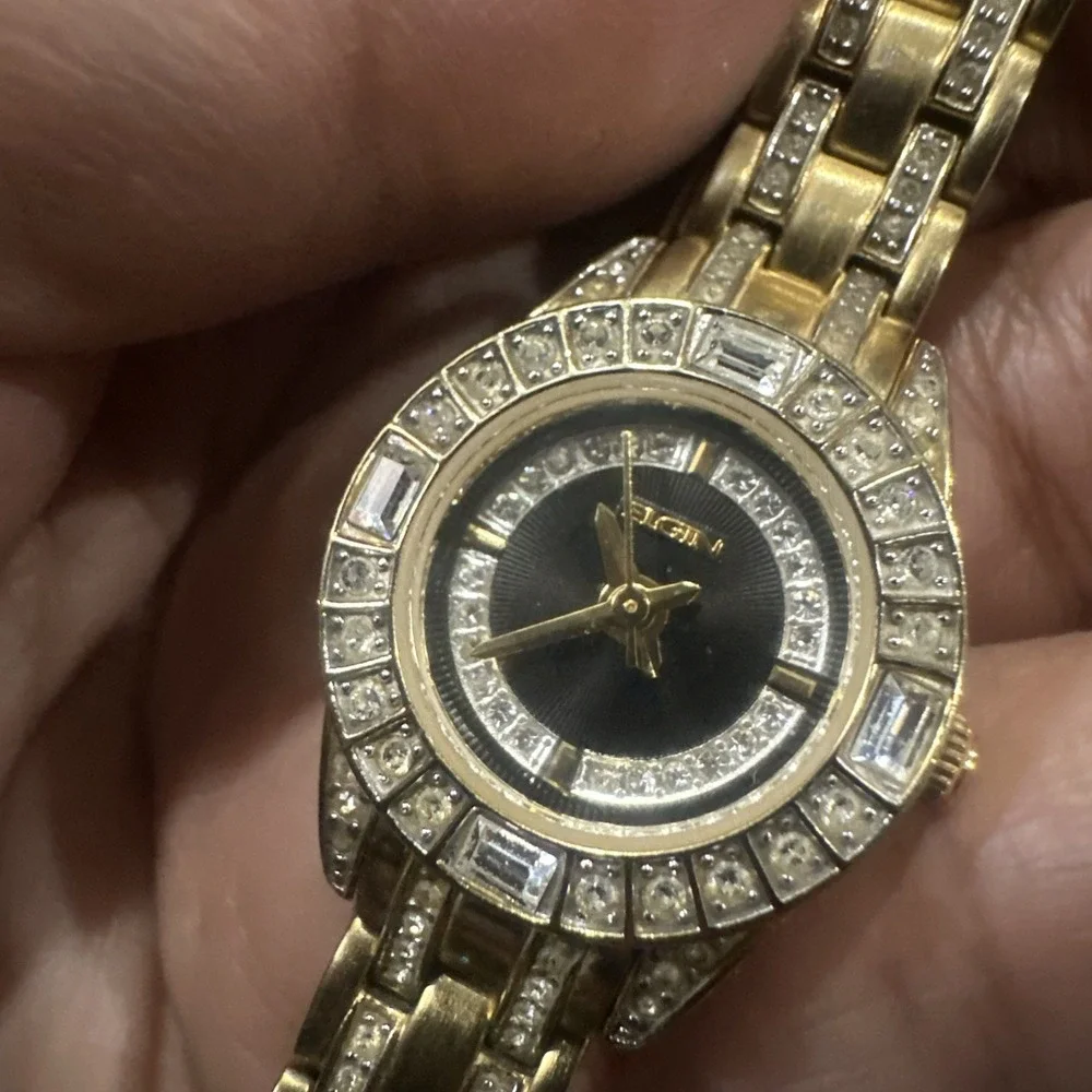 Working Vintage Elgin Dainty Ladies Gold Tone Crystals Watch 22mm Fit 5.5in